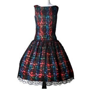 Vintage 1980s Multi-Colored Rainbow Plaid Dress with Black Lace Overlay Medium